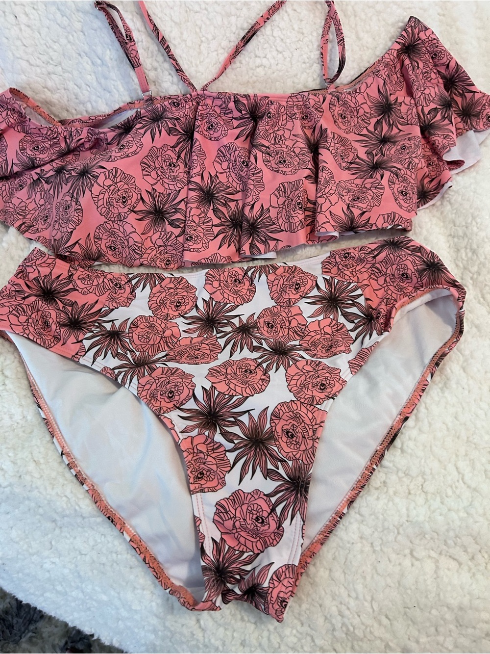 SHEIN Pink Floral Ruffle Two-Piece Bikini